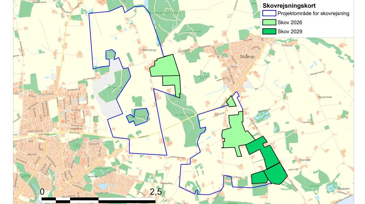 Områder for etablering af skov øst for Svendborg og forventet tidsplan. Kilde: Naturstyrelsen