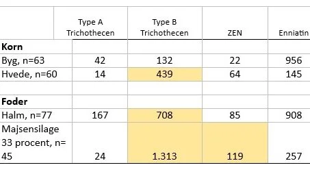 Tabel 1. Koncentration (ppb) af forskellige mykotoksiner i indsamlede foderstoffer fra Danmark og Sverige indsamlet og analyseret i 2021 og 2022-2023. Kilde: DSM-firmenich