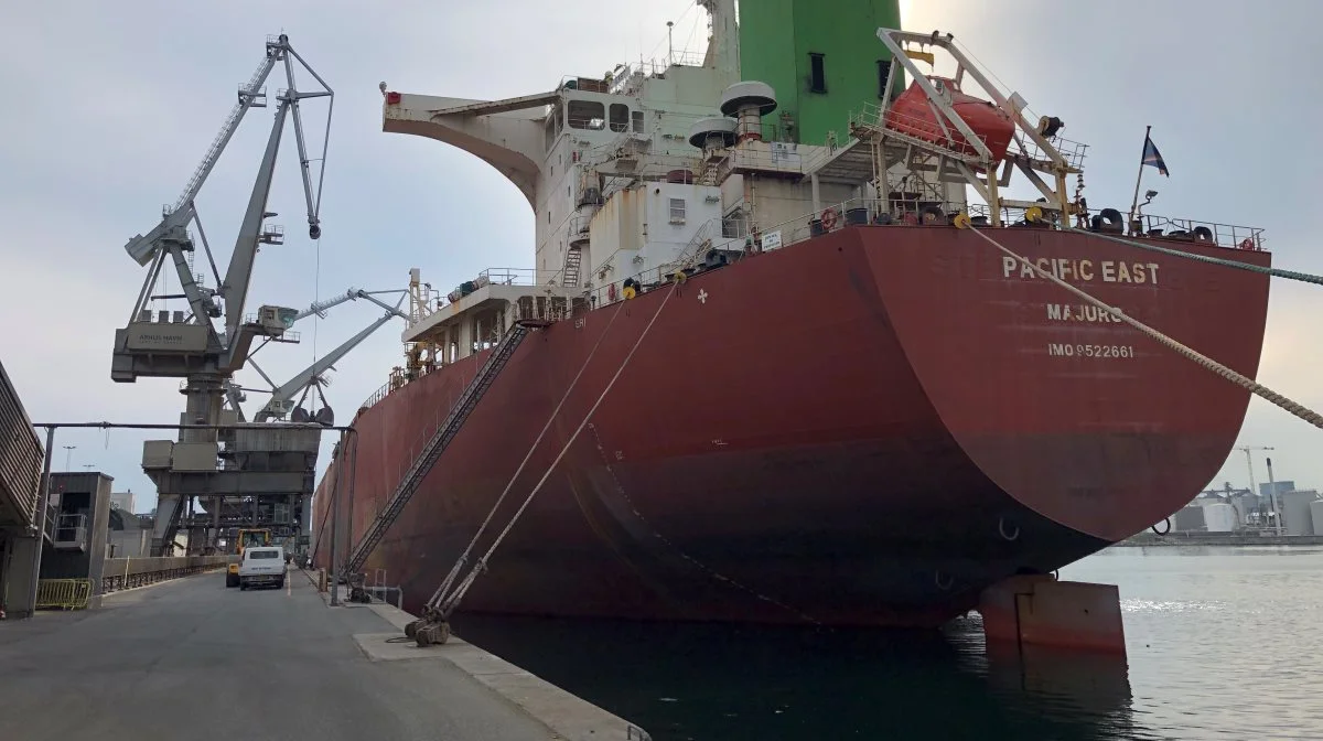 For nysgerrige sjæle kan den den store bulk carrier MV Pacific East angiveligt stadig ses i Aarhus havn. Skibet, der måler 292 meter i længden og 45 meter i bredden, er ifølge DLG det største skib, der hidtil er håndteret på bulk terminalen i Aahus. Foto: Ulrich Christiansen