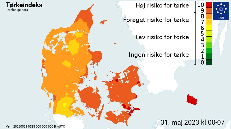 Onsdagens tørkeindeks viser højrøde pletter i øst, mens Midtjylland foreløbig ikke er så hårdt ramt. Kilde: DMI