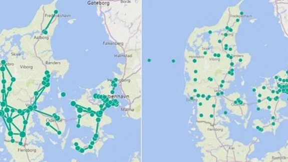 Kort til venstre: Eltransmissionsnettet forstærkes med kabler og luftledninger. Kort til højre: Cirka 70 højspændingsstationer udbygges eller nybygges, så de for eksempel er klar til at tage mod meget mere grøn strøm fra vindmøller og solceller. Der skal også laves opsamlingsstationer i forbindelse med kommende havmølleparker.