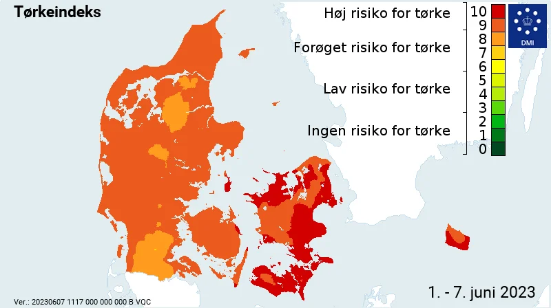 På tørkeindekset fra i går, onsdag, ses stadig større områder med højrød indeks 10. Kilde: DMI