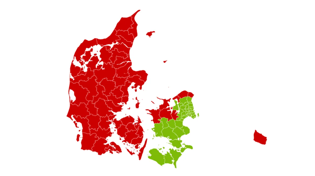 Her er en oversigt over hvilke kommuner, der har indført afbrændingsforbud til sankthans. Rød betyder forbud, mens grønne kommuner tillader afbrænding. Kilde: Danskeberedskaber.dk