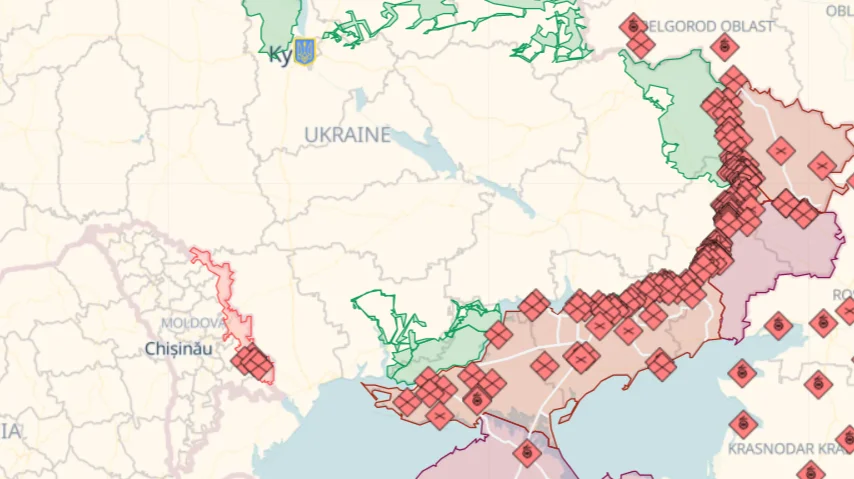 På grund af den russiske besættelse af Krimhalvøen og det østlige Ukraine er der blot tre havne, alle i den sydveslige del af landet, der kan bruges til at eksportere korn fra. Grafik: Deepstatemap.Live