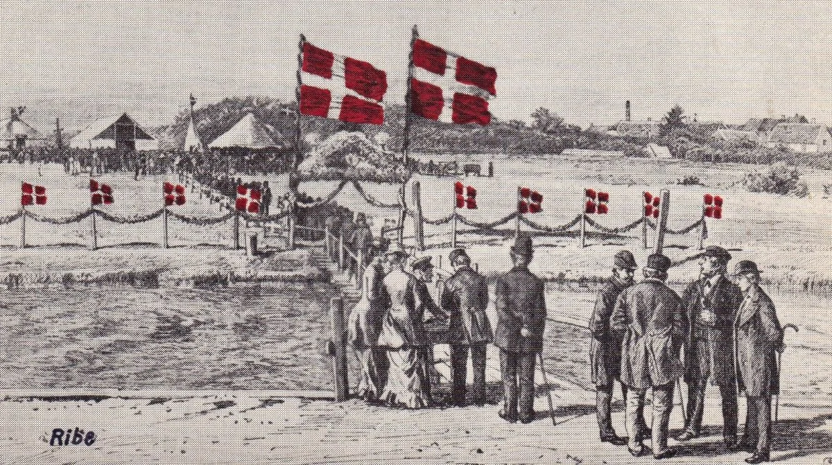 Tegning af Tom Petersen af Ribe Dyrskue ved århundredeskiftet - fra Torben Hestehaves samling.
