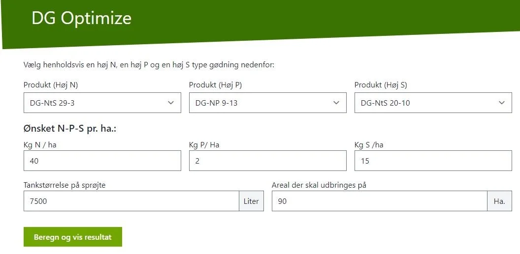 Med DG Optimize giver DanGødning slutkunderne et værktøj, der gør dem i stand til på en simpel måde at blande flere gødningstyper for at ramme næringsstofbehovet i afgrøderne helt præcist. Skærmbillede fra DanGødnings hjemmeside. 