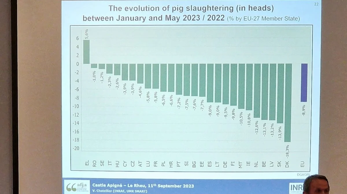 Udviklingen i antal griseslagtninger i EU-27 landene fra maj 2022 til maj 2023. I Frankrig (FR) er nedgangen på 5,8 procent. Bemærk at DK ligger sidst med en nedgang i slagtningerne på 18,3 procent.  