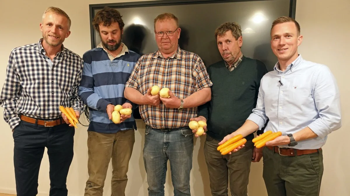 Årets finalister i Lammefjordens Grand Cru søndag den 15. oktober. Fra venstre: Jens Møller Olsen, Almegård, Emil Busch-Petersen, Stubberupholm, Anders Biltoft Kristensen, Slotsgården, Tom Christensen, Brogård Fårevejle, og Kristoffer Linderoth, Arnakke Grøntsager. Foto: Ulrik Larsen