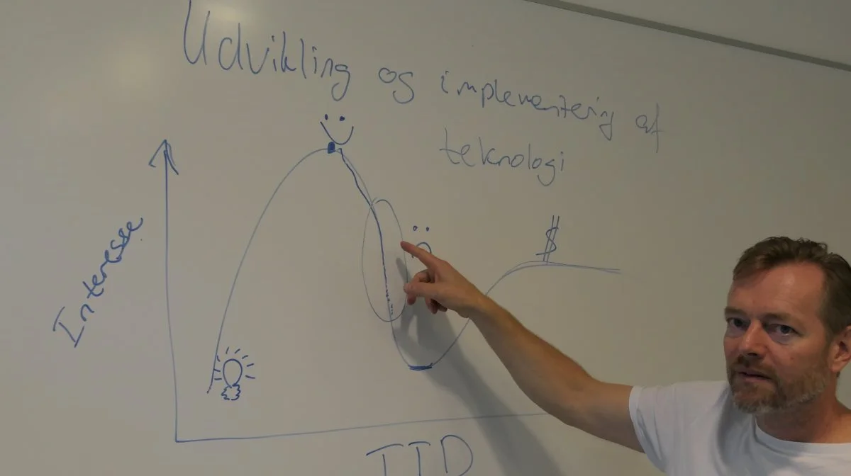 Forsker René Gislum viser her det typiske udviklingsforløb for en ny idé eller innovativ metode. Med en del præcisionsjordbrug befinder vi os nok lige her på en nedtur, vi skal igennem, før det for alvor bliver udbredt overalt i landbruget. Foto: Bøje Østerlund 