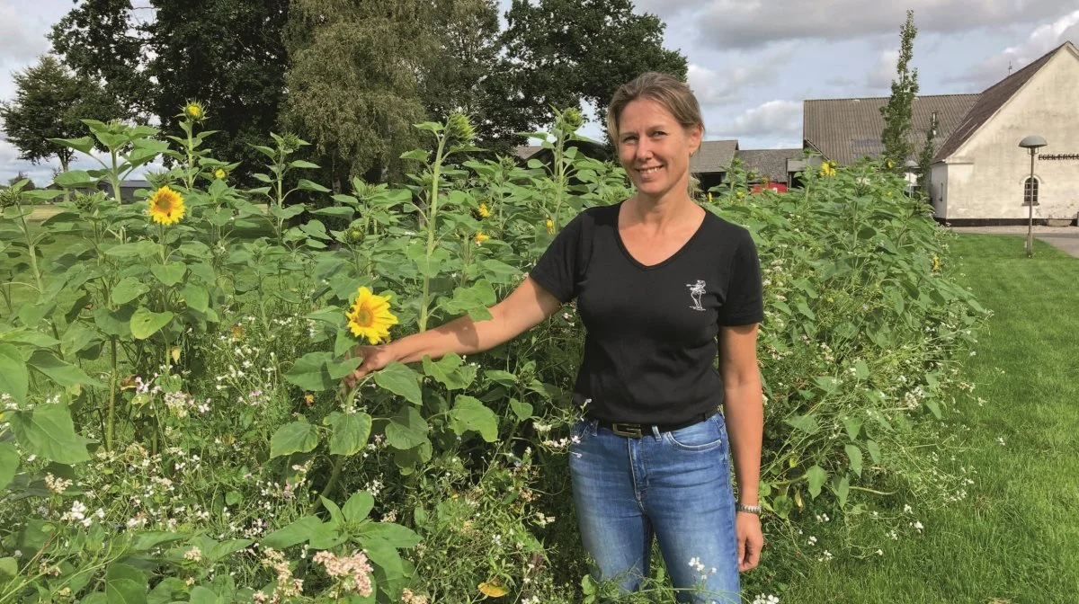 Helle Lundsgaard ejer og driver maskinstationen Egekærslund A/S sammen med sin mand Kurt Andersen og beskæftiger omkring 19 ansatte. I år giver blomsterbeplantningen ved hovedbygningen både natur for øjet og natureffekt i ESG-rapporteringen. Fotos: DM&E