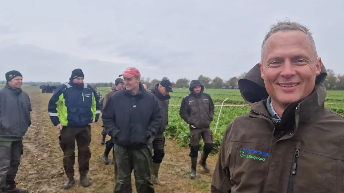 - Selv om det regner, så er det nu, at man kan se mest muligt på roerne og se optagerne arbejde i marken, siger Claus Nørgaard, chefkonsulent i Nordic Sugar, på tirsdagens markdemo. Fotos: Jørgen P. Jensen