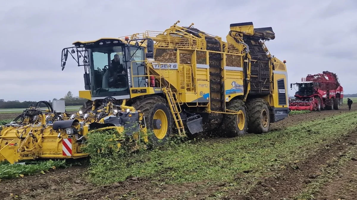 Fra Mertz maskinhandel blev vist denne ROPA Tiger 6S, som er en seks-rækket roeoptager med oppelhjul. Den har en 796 HK twinturbo Volvo-motor, som arbejder med kun 1.000 omdrejninger i minuttet, hvilket medvirker til brændstofbesparelser og ren udledning. Roetoppen kan opsamles til brug i biogasanlæg.