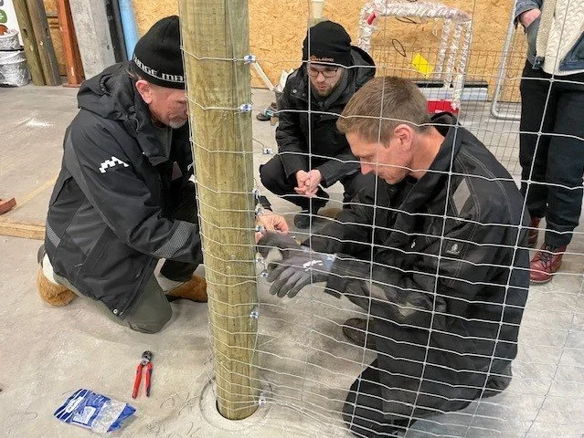 En gruppe hegnsmontører i Poda Hegn tester sine færdigheder af på et nethegn.