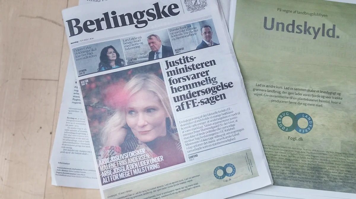 Annoncen fra Fødebrug & Landvarer mandag i Berlingske. Foto: Den Grønne Ungdomsbevægelse
