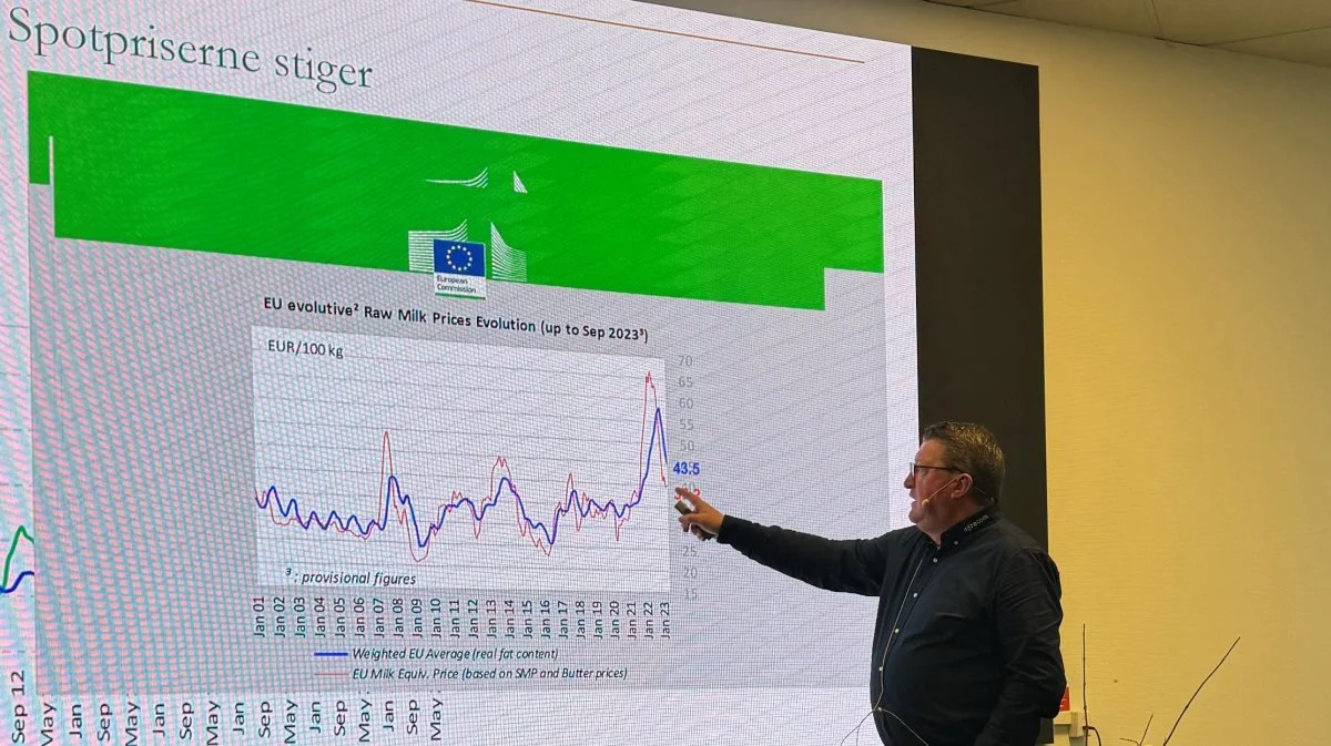 Spotpriserne er stigende, hvilket kan skabe optimisme hos mælkeproducenterne. Men produktpriserne er ikke fuldt med op, forklarede Palle Jakobsen, Agrocom, på et møde blandt udstillerne forud for januar måneds NutriFair-messe i Messe C i Fredericia. Foto: Jacob Lund-Larsen