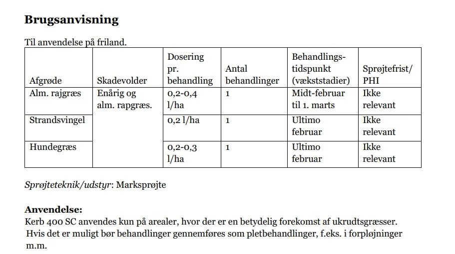 Miljøstyrelsens godkendelse af Kerb 400 SC til brug i frøgræsmarker i februar.