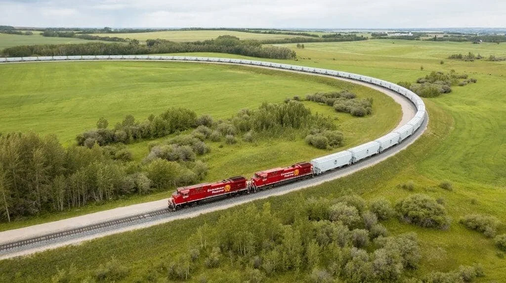 Canadian-Pacific togselskabet stiller med to lokomotiver og op til 167 kornvogne til transport af korn vestpå til havnebyen Vancouver. På billedet er der 45 togvogne - så det samlede tog er næsten fire gange så langt.