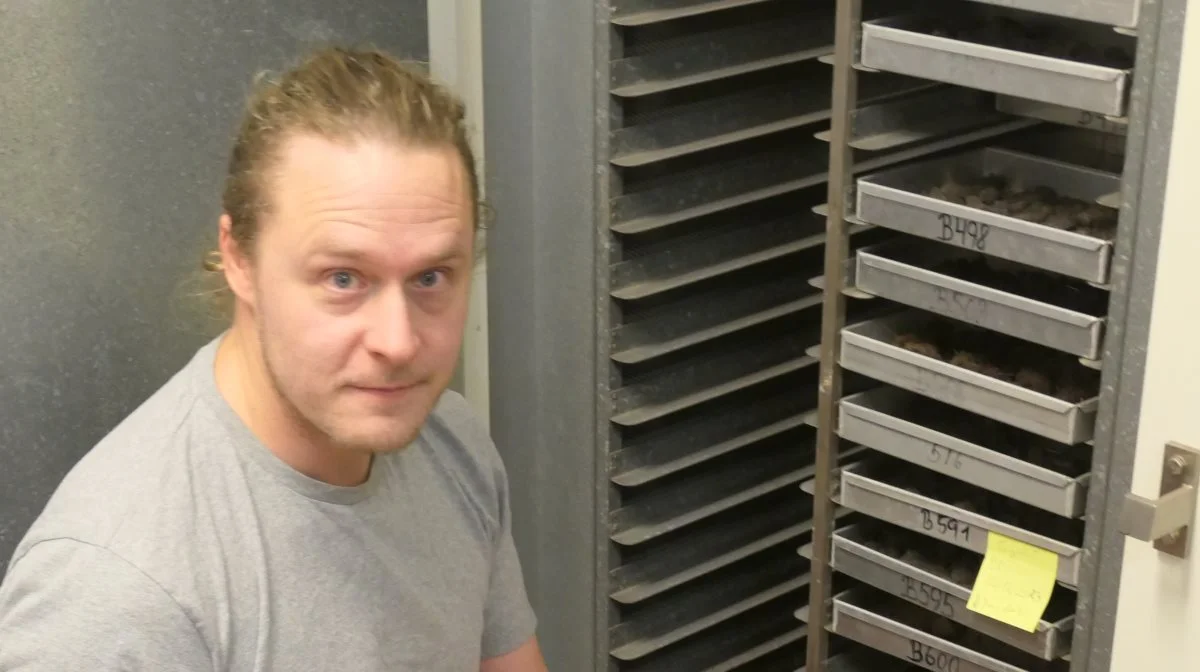 Forsker Peter Lystbæk Weber, post. doc. ved institut for Agroøkologi, Aarhus Universitet viser her et par af de tusindvis af jordprøver, der er grundlaget for at skabe et mere præcist landsdækkende tørvekort. Foto: Bøje Østerlund 