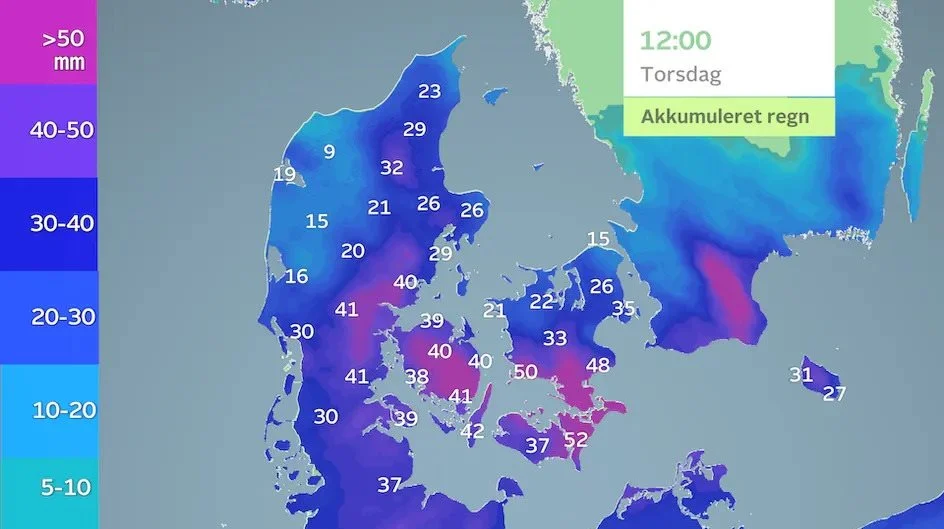 Den akkumulerede regnmængde der forventes frem til torsdag middag. Kilde: TV2 Vejret