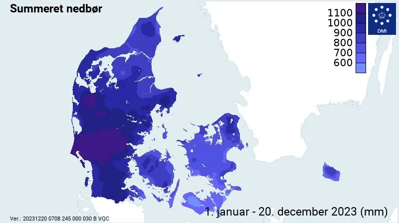 Den samlede nedbør i 2023 målt frem til 20. december. Der ses store forskelle mellem Midtjylland og Lolland. Kilde: DMI