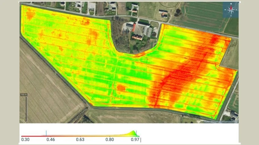 Før planeringen ses det vandlidende område som det røde område i marken målt af en drone ved hjælp af NDVI-indeks. Kort genereret den 19. maj 2021 af Dansk Planteinspektion