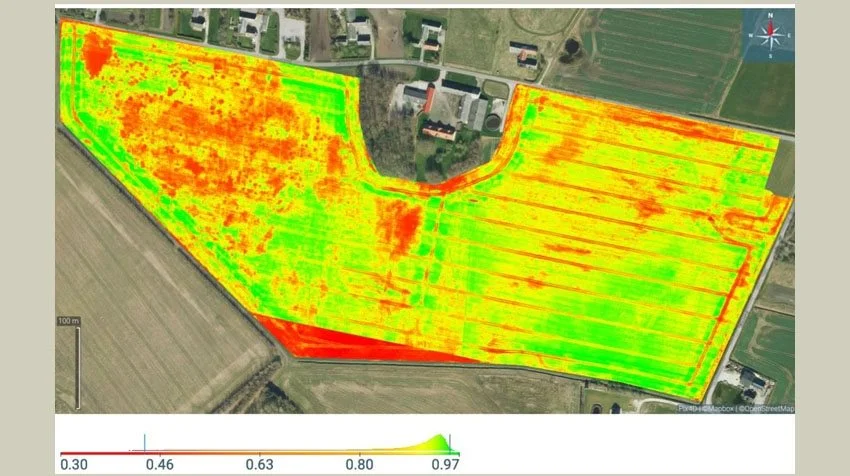 Efter planering ses det her to år efter at afgrøden - målt af drone og angivet i NDVI-indeks - nu står ensartet over hele marken. Kort genereret den 22. juni 2023 af Dansk Planteinspektion