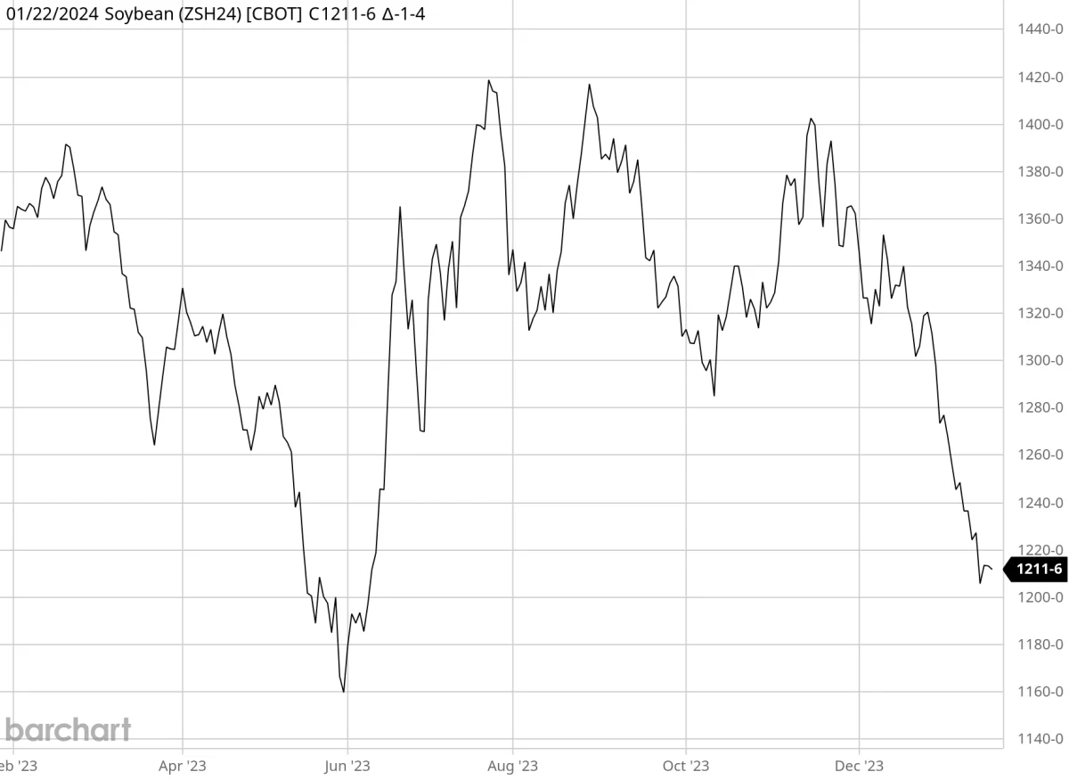 Ugegraf: Cbot sojabønner i US-cent pr. bushel. Prisen for sojabønner er sat under pres. Det skyldes blandt andet, at de spekulative kapitalfonde sælger aggressivt ud af futures på børsen i Chicago. 