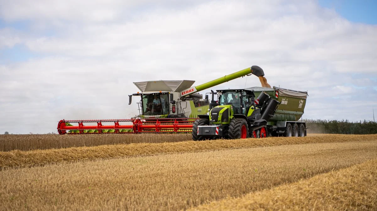 Forsøget foregik i hvedemarker ved Aulum med et udbytteniveau omkring otte tons pr. hektar. Indstillingen af mejetærskeren stod det intelligente Cemos Automatic for.  Fotos: Danish Agro Machinery