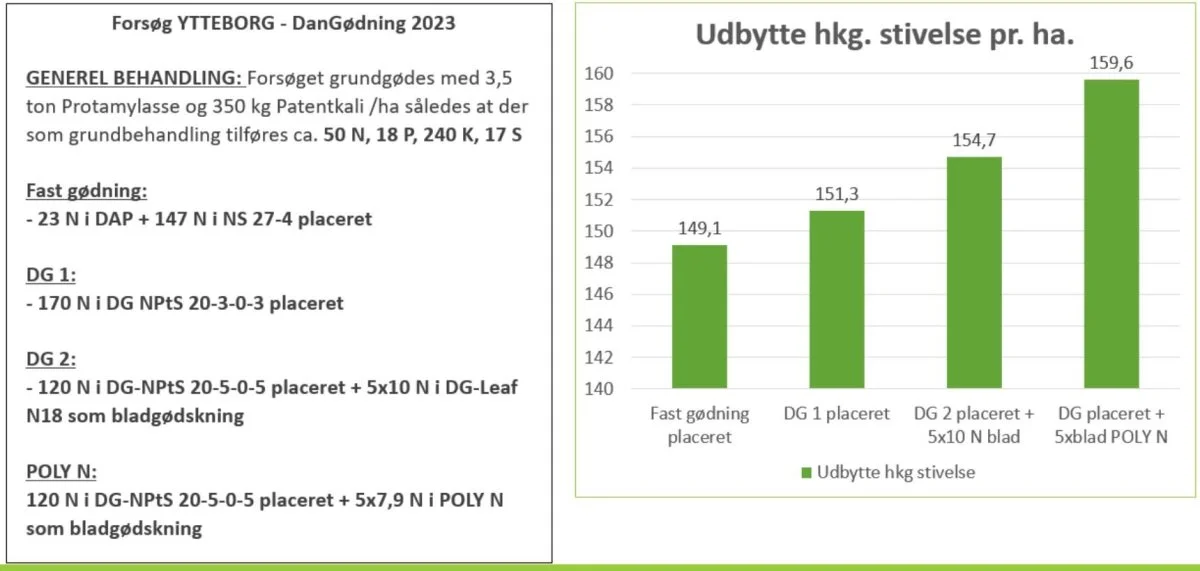 Selv om der totalt set blev tildelt mindre kvælstof, var det forsøgsleddet med bladgødskningsproduktet Poly N, der præsterede klart bedst i DanGødnings forsøg på Ytteborg i 2023. Kilde: DanGødning 