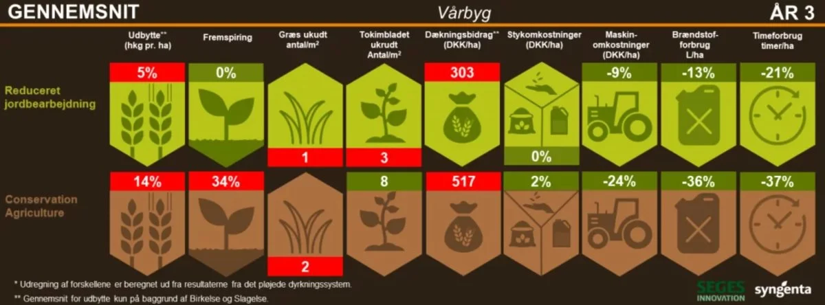 I 2023 kunne vårbyggen betale for pløjning. Trods sparede omkostninger var dækningsbidragene henholdsvis 303 og 517 kroner lavere for reduceret jordbearbejdning og conservation agriculture i tredje år af Grobund-forsøgene på tre forskellige lokaliteter. Kilde: Syngenta