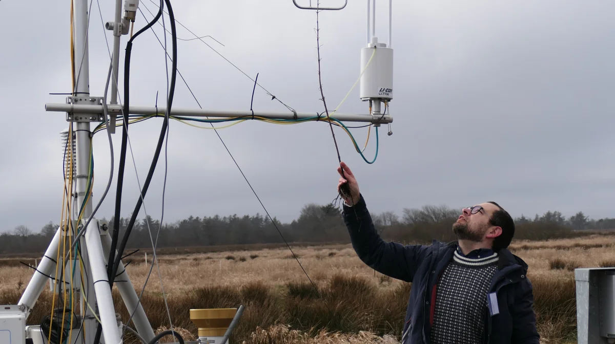 Lektor, ph.d. Johannes Pullens, Institut for Agroøkologi på Aarhus Universitet, peger her med en kæp på det sted, hvor mikroklimaet måles 10 gange i sekundet. Hele enheden, eller rettere - systemet af instrumenter - bærer det poetiske navn Eddy Covariance, og er et anerkendt udstyr i forskerkredse verden over. Fotos: Bøje Østerlund