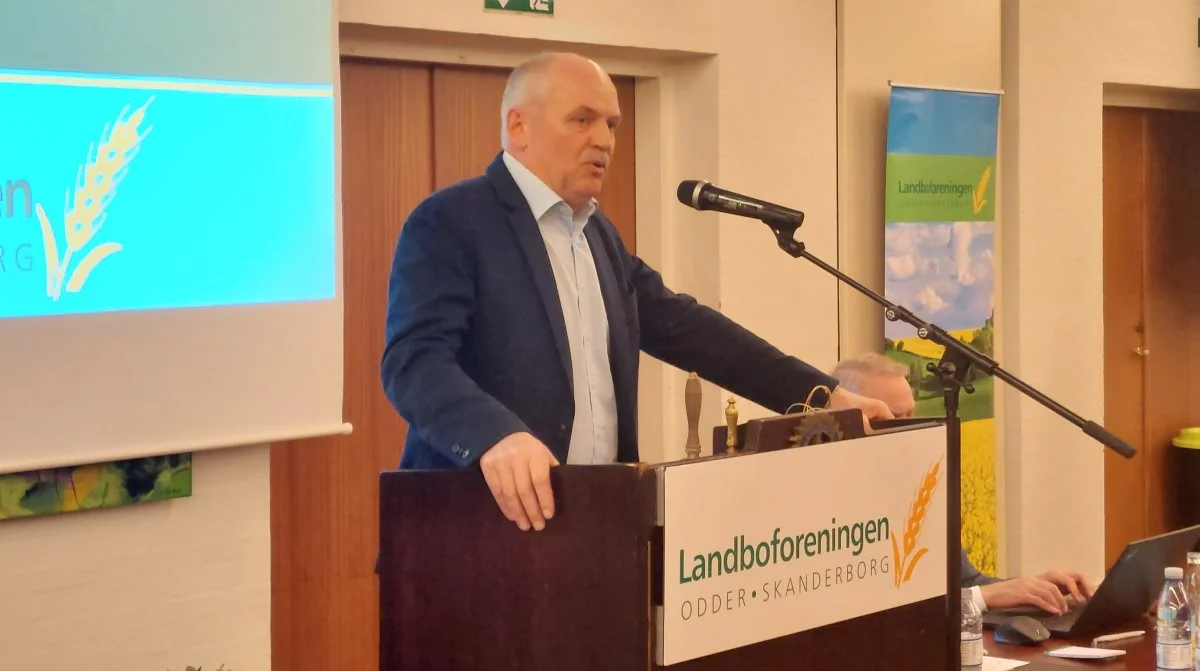 Formand i Landboforeningen Odder-Skanderborg, Ole Larsen, opfordrede til sammenhold og samarbejde i forbindelse med generalforsamlingen. Foto: John Ankersen