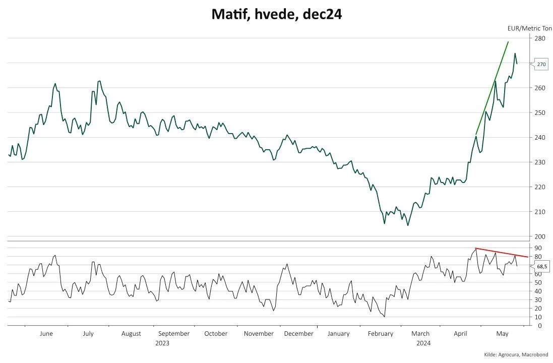 Figur 1: Prisudviklingen for hvede på Matif-børsen. Negativ divergens vises med faldende RSI og stigende pris.