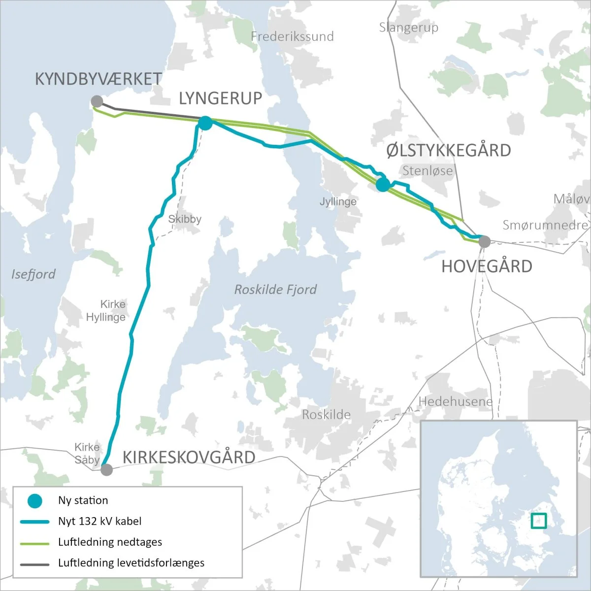 Energinets projekt omfatter et cirka 50 kilometer langt kabeltraché fra Kirke Såby, rundt omkring Roskilde Fjord og så til Hovegård udenfor Smørumnedre. Illustration: Energinet