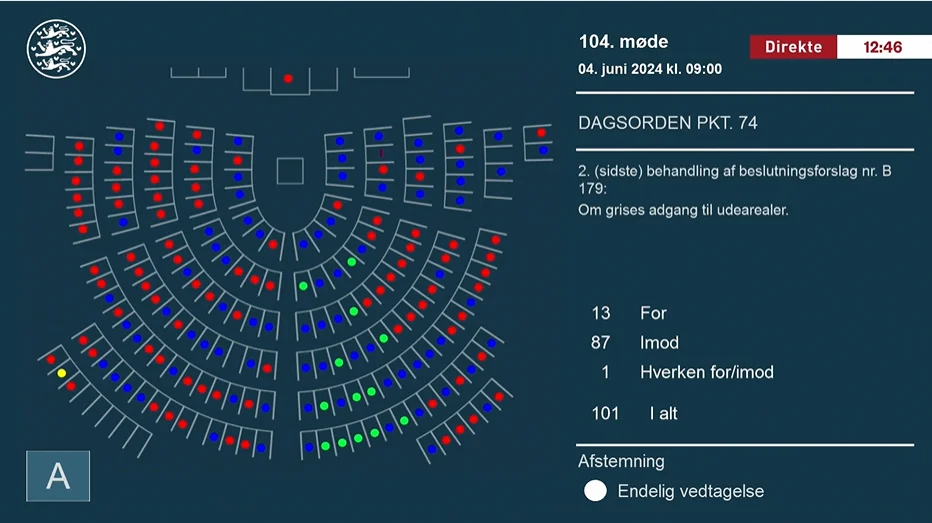 Et forslag om at give alle danske grise adgangs til udendørsarealer blev tirsdag forkastet i Folketinget med 13 stemmer for og 87 imod, mens en enkelt undlod at stemme. Foto: Ft.dk