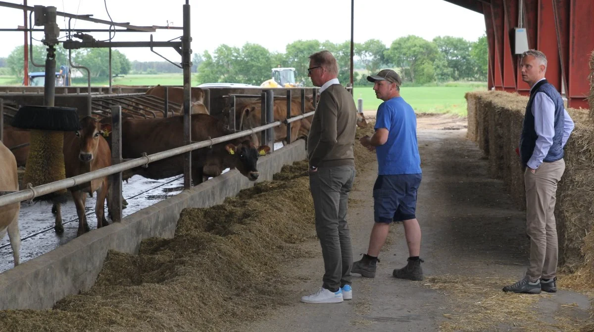 Asger Christensen, politiker (tv.), Søren Hansen, Rødme Nygaard og Claus Saabye Erichsen, teamchef Dakofo (th.) havde sat hinanden stævne på Sydfyn til en snak om plastindsamling og sortering. Fotos: Henriette Lemvig