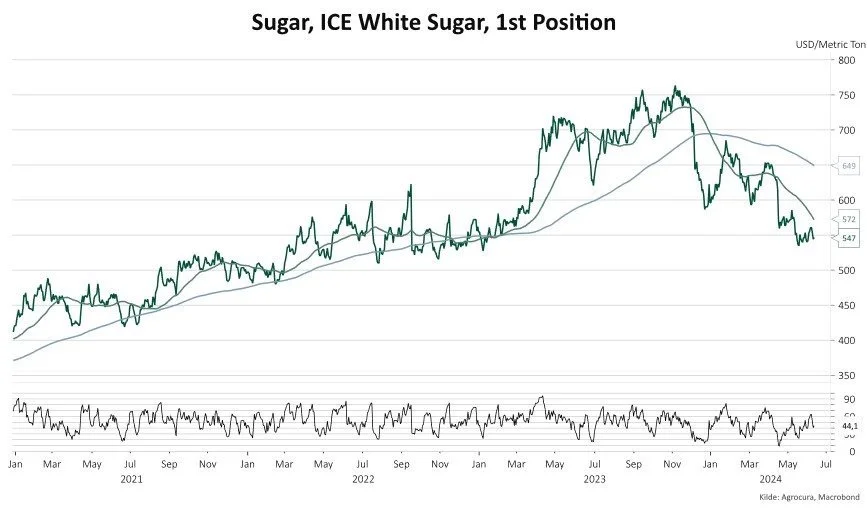 Figur 1: Prisudvikling White Sugar no. 5 i perioden 2021-2024. Kilde: Macrobond