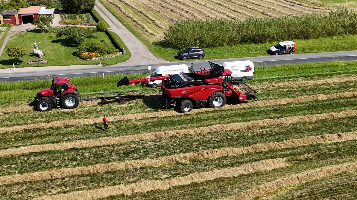 Effektivt Landbrug mødte høstteamet onsdag på en skårlagt strandsvingel-mark på Fyn og fik det første indblik i den nye mejetærsker. AF9-modellen, med en 13 liters FPT-motor på 635 hk, som testkøres i Danmark, er lillebroren i den nye Case IH AF-serie. Foto: Per Jørgensen