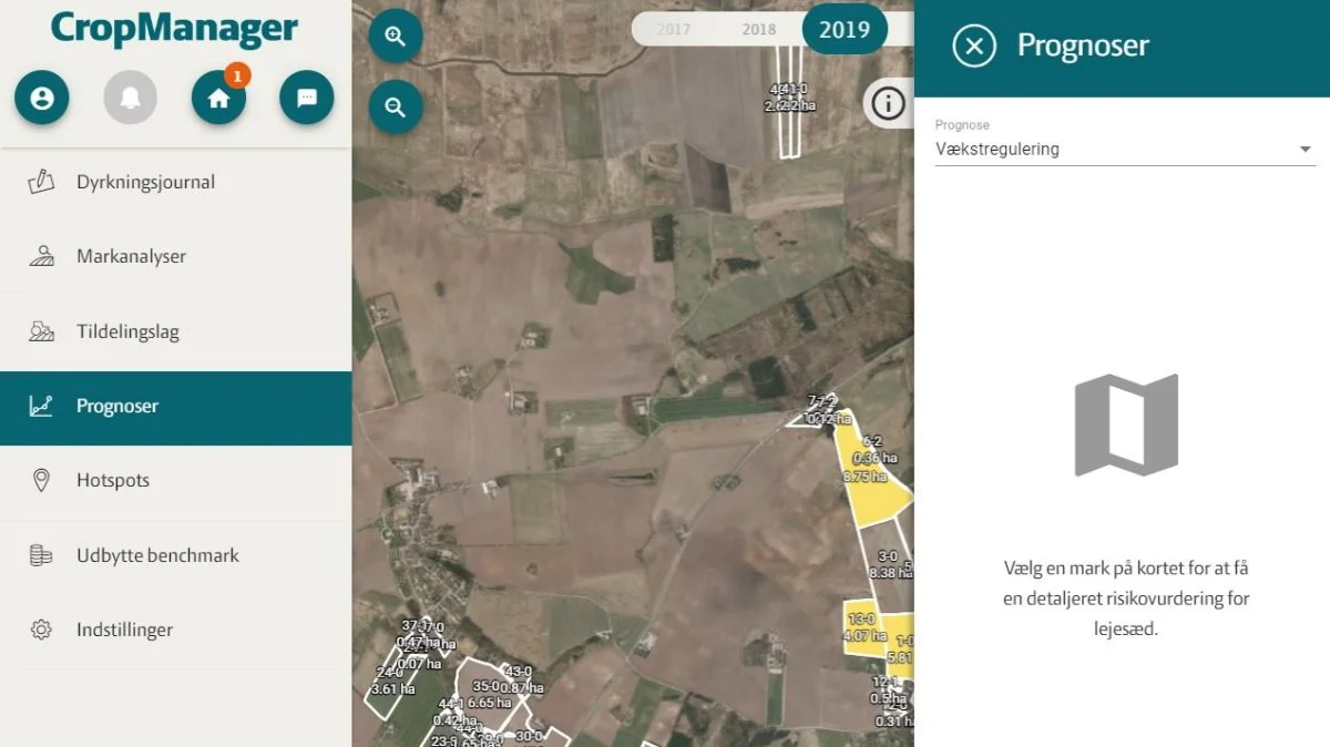 I CropManager skal man i venstre side gå ind under prognoser og her vælge vækstregulering i boksen til højre, så får man vist sine marker. Vinterhvedemarkerne er her farvede. Kilde: Seges