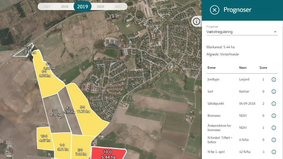 I boksen til højre i billedet ses de dyrkningsoplysninger og tilhørende pointantal, der indgår i den samlede pointsum og dermed gruppering af lejesædsrisiko for marken.
