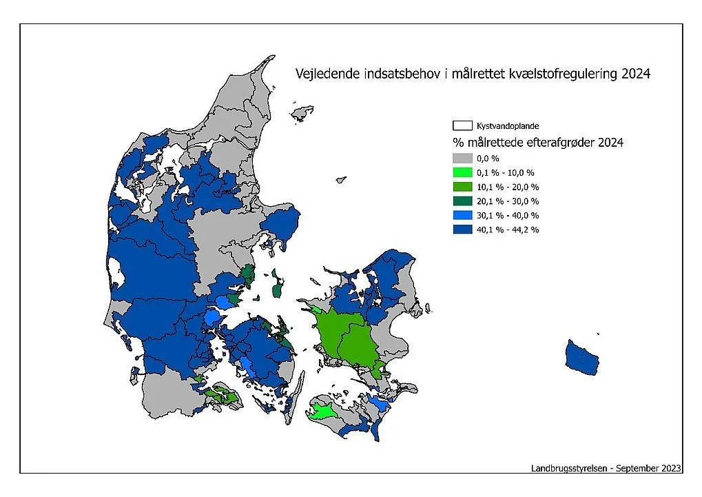 I de nye krav er Nordjylland helt sluppet, imens store dele af henholdsvis Vestjylland, Sydjylland, dele af Midtjylland, Djursland, Fyn, Nordsjælland, sydlige Lolland-Falster og Bornholm bliver ramt af høje krav om målrettede efterafgrøder. Illustration: Landbrugsstyrelsen

