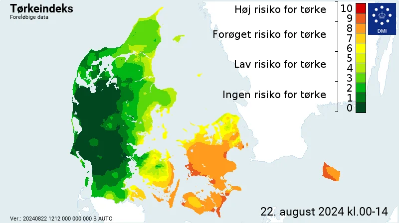 Tørkeindekset fra i går viser med al tydelighed, at øerne har fået langt mindre regn end i Jylland. Kilde: DMI