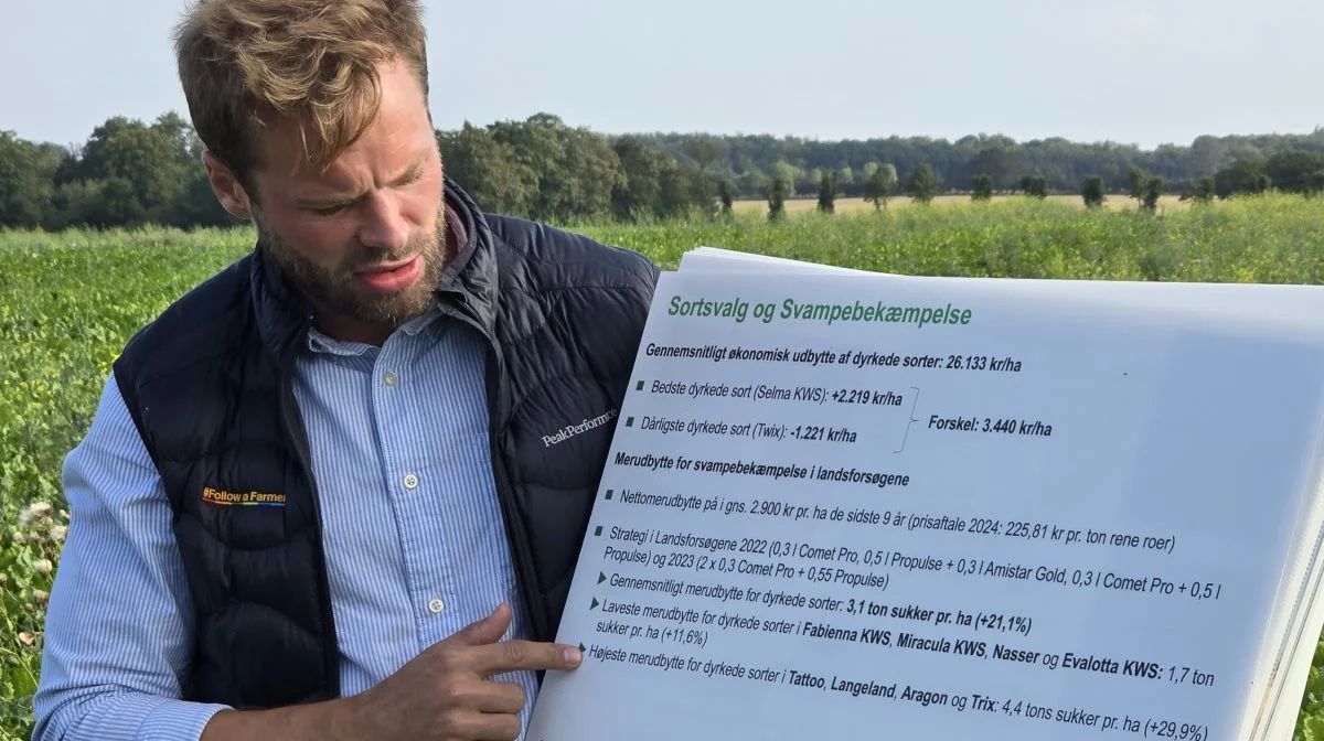 Agronom Anders Christensen, BASF, gennemgik blandt andet nettomerudbyttet ved svampebekæmpelse i roerne, der over en årrække ligger på knap 3.000 kroner pr. hektar. Foto: Jørgen P. Jensen