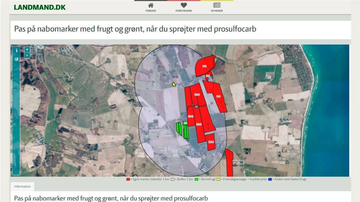 På landmand.dk er det muligt at se marker med frugt eller grøntsager, som ligger i nærheden af dine egne marker. Kilde: Seges Innovation