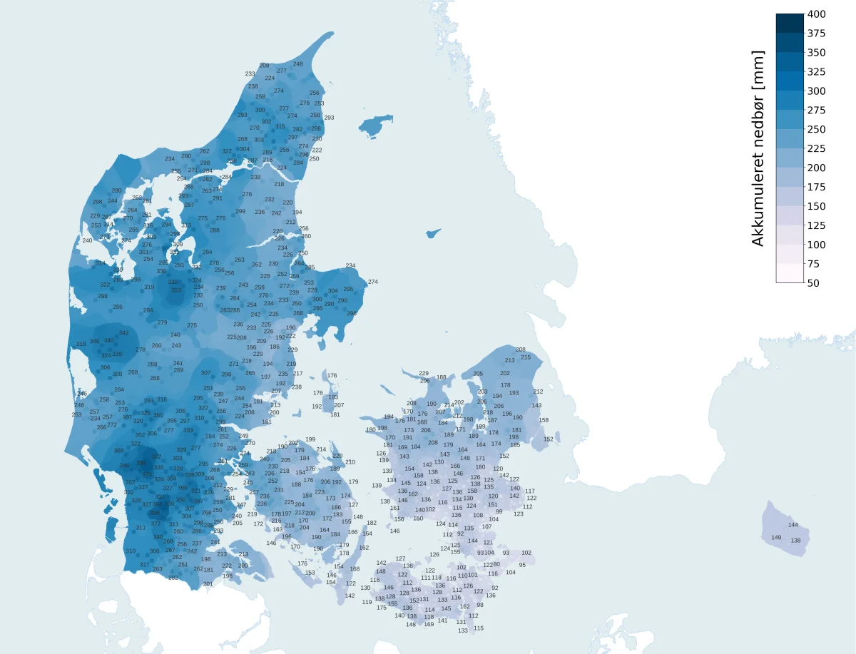 Illustrationen viser nedbørsmængden målt i millimeter akkumuleret fra 20. juli til 11. september 2024. Data kommer fra de Cordulus-vejrstationer, som Danish Agro udbyder til landmændene, og viser tydeligt de regionale forskelle i nedbørsmængder i høst. Data er indsamlet fra de 1.515 vejrstationer, der i dag står på de danske landmænds marker og på Cordulus og Danish Agros lokationer. 