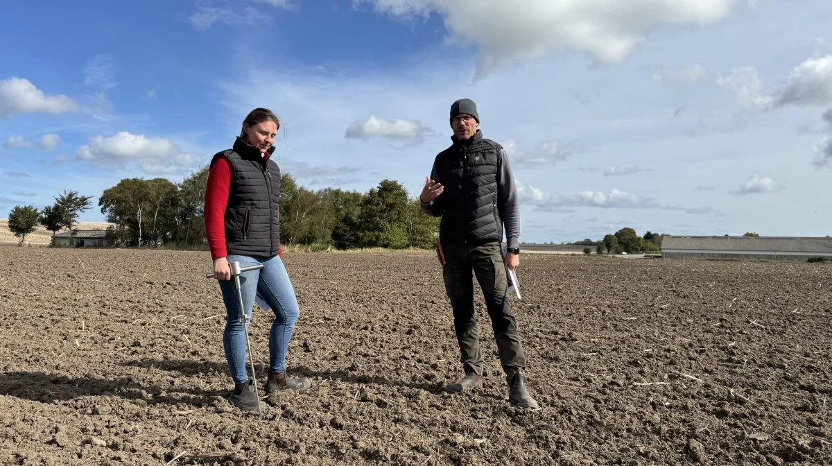 Caroline Hirschberg fra Väderstad og Jens Christian Skov Jensen fra Agco Innovationscenter Randers samarbejder om storskalaforsøget, som udføres på Vindbylunds jorde nord for Randers. 