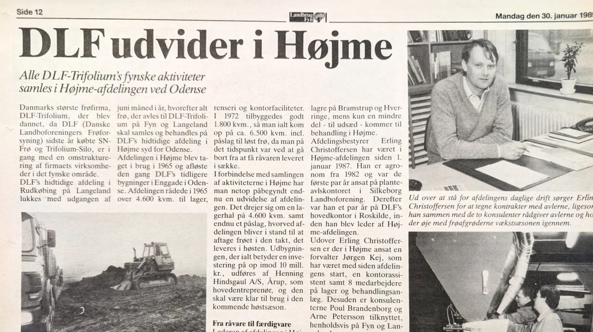 Landbrug Fyns omtale fra januar 1987 af udvidelsen af DLF-Trifoliums anlæg i Højme til at kunne modtage alt frø fra Fyn og Langeland. Øverst til højre den nyudnævnte afdelingsleder Erling Christoffersen.