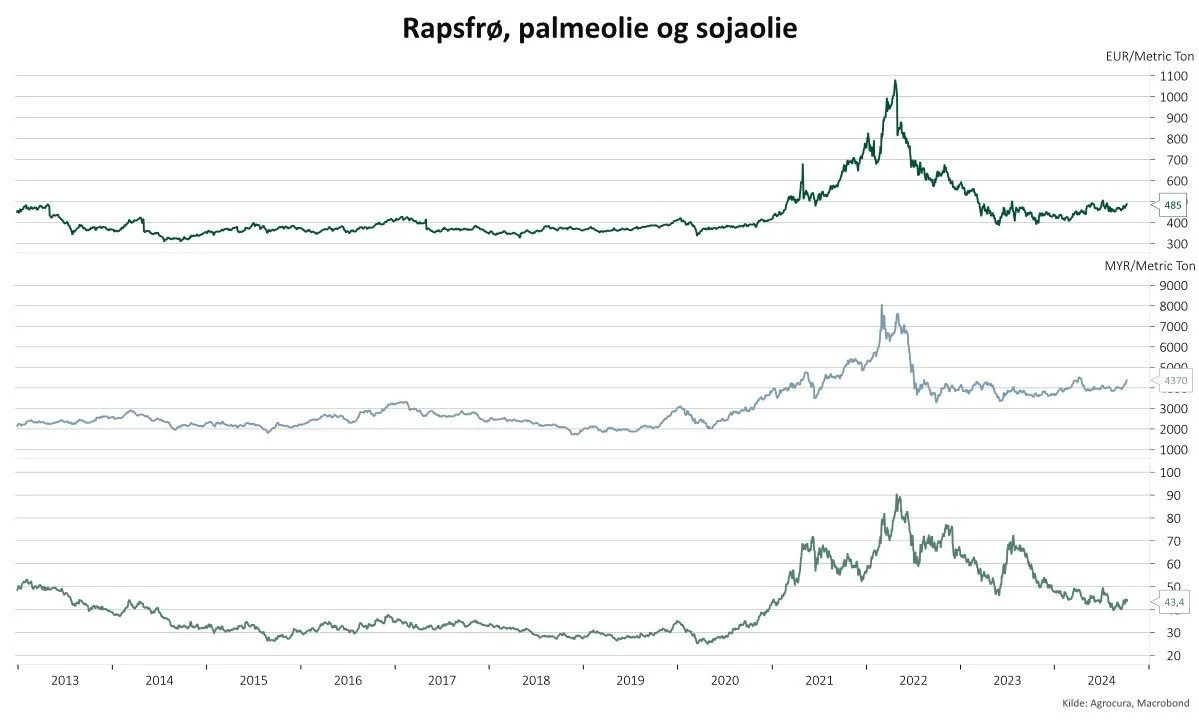 Figur 2: Prismæssig sammenhæng mellem raps, palmeolie og sojaolie. Kilde: Macrobond. 
