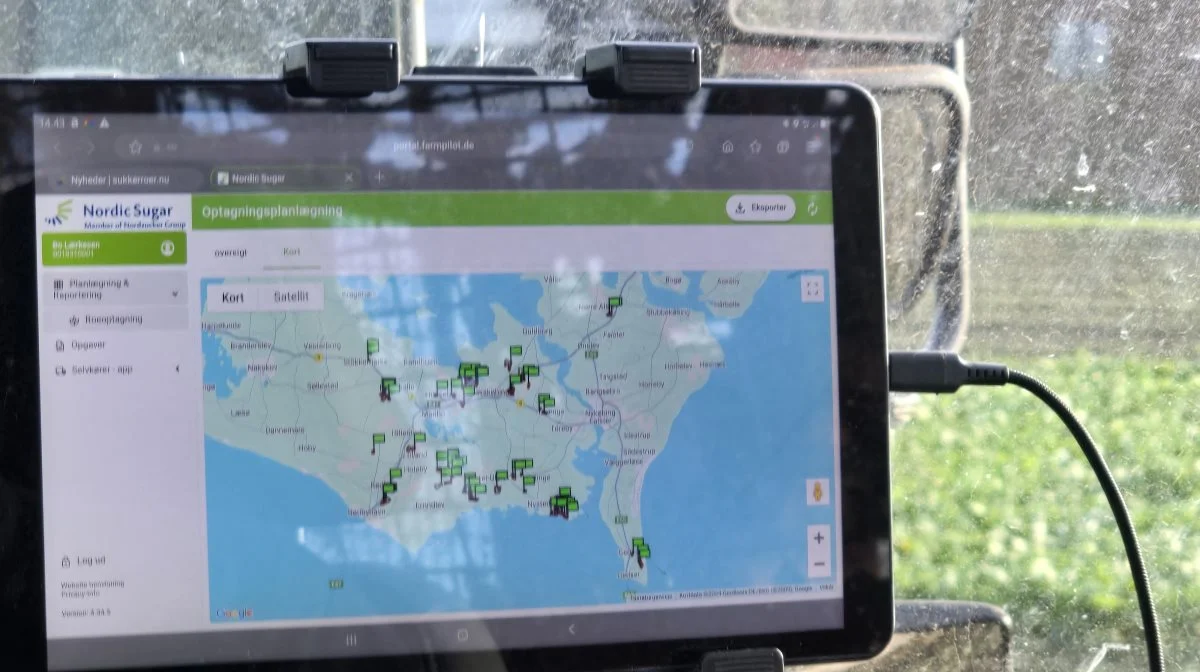 Her er markeret de sukkerroemarker, som Nicolaj Mortensen og hans team skal nå over i denne roekampagne - i alt godt 1.700 hektar.