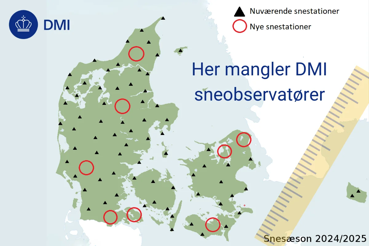 De områder, hvor DMI mangler snemålere, er angivet med en rød cirkel. Illustration: DMI